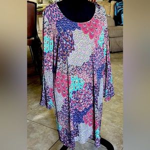 MSK Paisley Boho Long Bell Sleeves Colorful Peacock Dress Size 3X